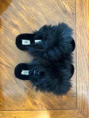 UGG Women's Fuzzalicious Black Genuine Sheepskin Slide Slippers